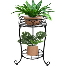 NAKUPE 2 Tier Plant Stand, 18.5 inch Tall Metal Potted Holder Rack, Indoor Outdoor Flower Pot Shelf for Patio Balcony Corner Garden, Black