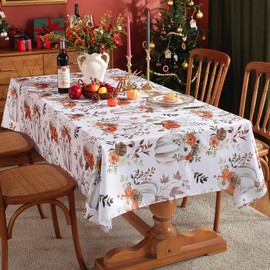 Fall Watercolor Pumpkin Print Rectangle Tablecloth, Autumn Rectangular Polyester Table cloth, Wrinkle Free Water Resistant Tablecloths for Thanksgiving Dinner Holiday Gathering Party 52x70 Inch White
