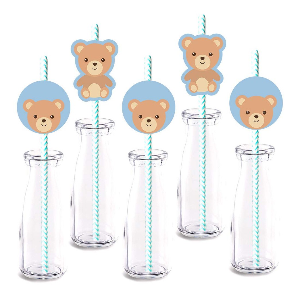 Blue Teddy bear Straw Decor, 24-Pack Boy Baby Shower Birthday Party Decorations, Paper Decorative Straws