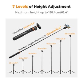 K&F Concept 62'' Phone Selfie Stick Tripod, Compact Camera Tripod with Phone Holder, Ball Head, Detachable Remote Control, Action Camera Adapter, Compatible with Phone/GoPro/Camera