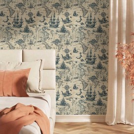 VistaPalette Vintage Yellow Sailing Boat Voyage Octopus Map Peel and Stick Wallpaper Wall Decor Self Adhesive Wall Paper Stick on Easy Peel Off Contact for Renter Apartment