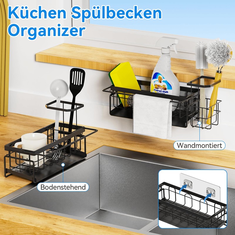 LYRIFFTIC Sink Organiser, Black, Sponge Holder, Sink, Kitchen Organiser with