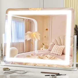 HNV 22"x17" Vanity Mirror with Lights, LED Makeup Mirror with 3 Color Modes & Dimmable Touch Control, 360° Rotation, Aluminum Frame, Large Lighted Mirror for Bedroom or Dressing Table