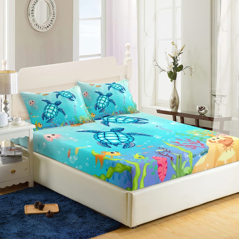 XYNHML Sea Turtle Fitted Sheet Cartoon Turtle Bed Sheets Reptile