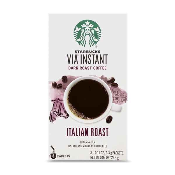 Starbucks VIA Instant Coffee Dark Roast Packets — — 100% Arabica — 1 box (8 packets) Italian Roast 0.93 Ounce