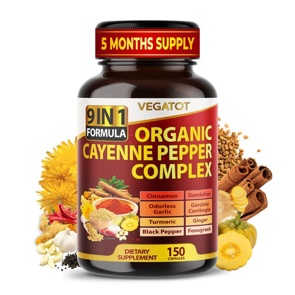 Organic Cayenne Pepper 9IN1 Complex with Cinnamon, Ginger, Turmeric for