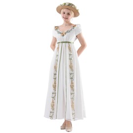FCCAM Women's Regency Jane Austen Long Vintage Dress, Victorian Ball Gown with Gloves, Empire Waist Dress, Green 1252