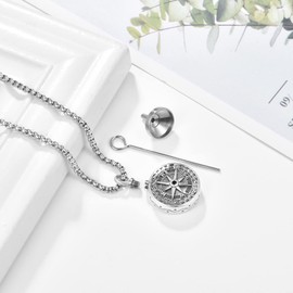 KINGWHYTE Cremation Necklace for Ashes 925 Sterling Silver Urn Necklace Compass Ashes Pendant Keepsake Memorial Gift for Men Women with Stainless Pearl Chain - 22" + 2"