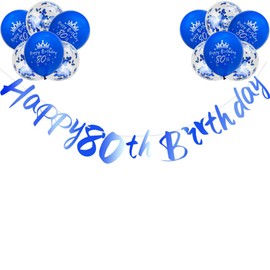 Men 80th Birthday Decorations Blue Happy 80th Birthday Banner Including 12 Pack 12” Latex Printed Balloons Women Men 80th Birthday Party Decorations Supplies
