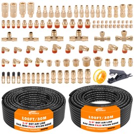 CheeMuii 100 PCS Brass DOT Air Line Fittings with 100FT 1/4" and 100FT 3/8" DOT Air Line Kit Push Lock Air Fitting Quick Connect & NPT Thread Fittings with Pneumatic Tubing