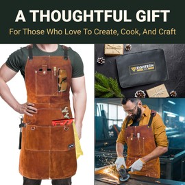 FIGHTECH Leather Welding Work Apron for Men - Heavy Duty with 11 Tool Pockets - Wood Working Shop Apron for Blacksmiths Woodworkers Mechanics Carpenters - Adjustable M-XXL - Gifts (Brown, Leather)