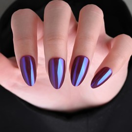 Stbisen Chrome Press on Nails Short Almond, Purple-Blue Press on Nails Almond, Fashion Gel Fake Nails, Reusable Glossy Stick on Nails for Women, Glue on Nails Kit,15 Sizes - 30Pcs