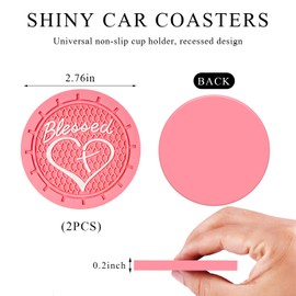 KVAEY 2 PCS Car Cup Holder Coaster, 2.76 Inch Anti Slip Vehicle Drink Mat with Cute Blessed Cross and Heart, Shockproof Cup Holder Coaster for Most Cars, Universal Car Accessories (Pink)
