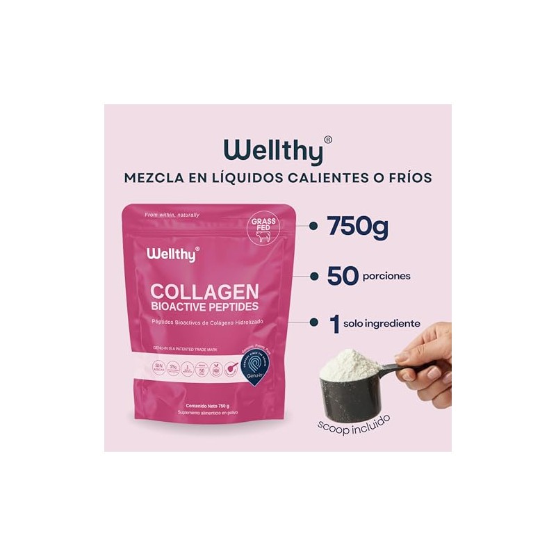 Wellthy Colageno Hidrolizado Puro 750g Péptidos Colágeno Bioactivos Genu Porciones