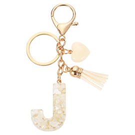 sourcing map Initial Letter Keychains, Resin Cute Heart Tassel Pendant Accessory for Women, Alphabet Key Ring for Purse Handbags Backpack, White-J