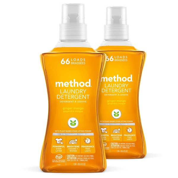 Method Liquid Laundry Detergent, Ginger Mango, 66 Loads Per Bottle, Hypoallergenic + Biodegradable Formula, Plant-Based Stain Remover, 53.5 Fl Oz (Pack of 2)