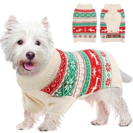 OTOB Christmas Dog Sweaters for Small Medium Dogs, Warm Turtleneck Pet Clothes Knitwear with Leash Hole, Classic Snowflake Reindeer Pet Sweater Puppy Christmas Clothes for Holiday, Green Red M