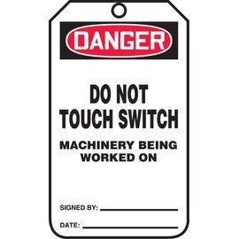 Accuform MDT173CTP PF-Cardstock Safety Tag, Legend "Danger DO NOT Touch Switch Machinery Being", 5.75" Length x 3.25" Width x 0.010" Thickness, Red/Black on White (Pack of 25)