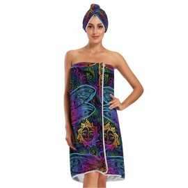 KEEPREAL Women's Spa Towel Wrap Set of 3, Dragonfly Mandala Bathrobe Shower Bath Body Wrap with Adjustable Closure