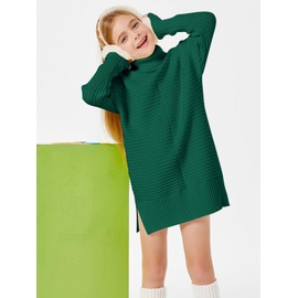 Haloumoning Kids Girls Turtleneck Tunic Sweaters Dress Oversized Long Sleeve Knit Chunky Pullover Jumper with Slit 5-14T Green