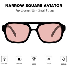 mosanana Retro 70s Square Aviator Trendy Sunglasses for Women Vintage Cute Narrow Small Face rectangle Black Frame Pink Lens MS52362