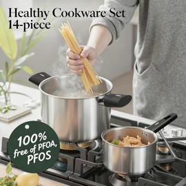 ASKSCICI Stainless Steel Cookware Set, 14-Piece Pots and Pans Set, Kitchen Cookware Set with Stay-Cool Handle, Non-Toxic, Dishwasher Safe & Compatible with All Stovetops (Gas, Electric & Induction)