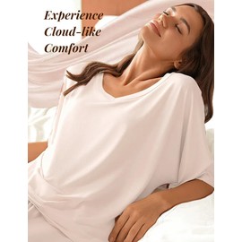 Ekouaer Lounge Sets for Women Comfy Pajamas Set 2 Piece Outfits Short Sleeve Tops and Wide Leg Pants with Large Pockets Beige