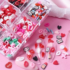 Tyuimhx 6 Grids Valentine's Day Nail Art Slices Love Heart Red Lips Designs Valentines Nail Charms 3D Colorful Clay Slices Mini Slices for DIY Crafts,Nail Art and Cellphone Decorations Accessories