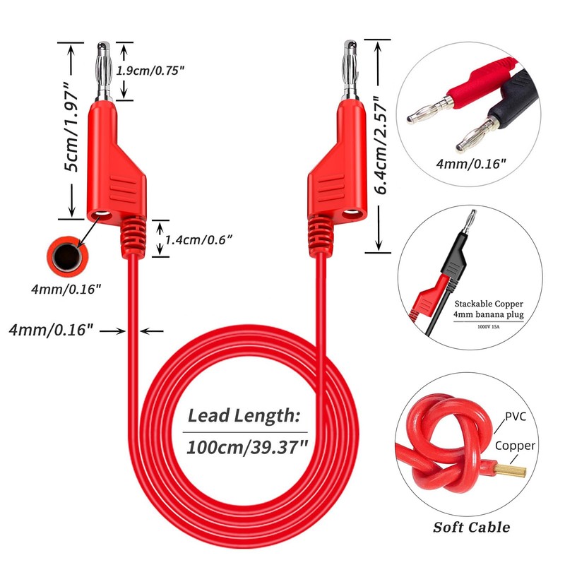 Cleqee 4 mm Stackable Banana to Banana Plug Test Leads