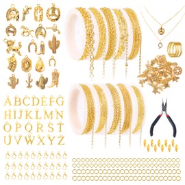 Meneng Necklace Jewelry Making Kit: 10 Rolls 78.7 Feet 18K Gold Plated Chains for DIY Western Necklace Bracelet - Jewelry Making Supplies for Beginners