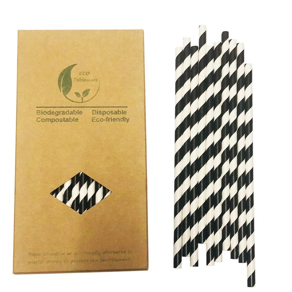 Black and White Drinking Straws Paper, Biodegradable Black Striped Paper Straws For Juice, Ice Coffee, Smoothie (100 Count).