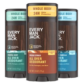 Every Man Jack All Over Deodorant Variety Pack - 24 Hour Whole Body Odor Protection - Aluminum Free - 1 Each of Fresh Citrus, Coastal Surf, and Coconut Vanilla Scents - 2.6 oz (3 Pack)