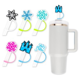 6PCS Snowflake Straw Cover Cap Silicone for Tumbler Cup Snow Birthday Party Supplies Favors Decorations, 10mm Drinking Straws Topper Hat for Reusable Straws Winter Tips Lids (Snowflake Set 2)