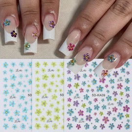 QEYRIYI 3 Sheets Spring Summer Flowers Nail Art Stickers Decals 5D Embossed Blue Green Purple Floral Nail Stickers Self-Adhesive Nail Decals Supplies for Acrylic Nails Women DIY Manicure Decorations