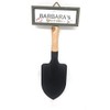 "Welcome to Barbara's garden" hanging shovel sign