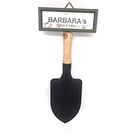 "Welcome to Barbara's garden" hanging shovel sign