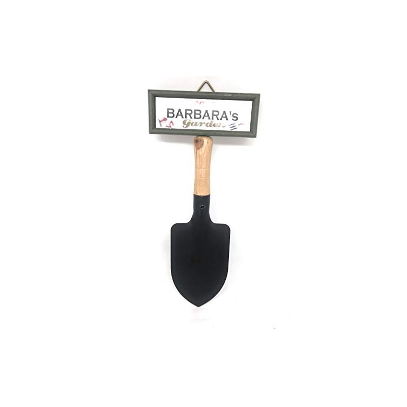 "Welcome to Barbara's garden" hanging shovel sign