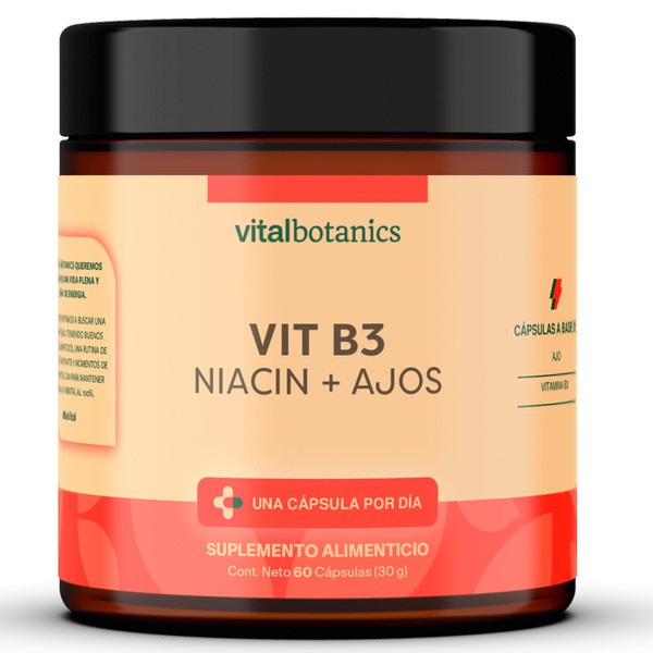Vitamina B3 / Niacina y Ajo. Con 60 capsulas de 500mg (2 meses). VitalBotanics. Multivitaminico, Vitaminas. Suplementos Alimenticios. Libre de Gluten y Aditivos. Apto Dieta Keto.