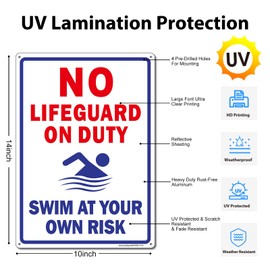 No Lifeguard on Duty Sign, Swim at Your Own Risk, Pool Sign, 2Pack -14"x10"Engineer Grade Rust Free Reflective Aluminum, Fade Resistant, UV Protected, Weatherproof, Easy to Mount