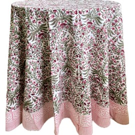 ATOSII Nargis Pink 100% Cotton Round Block Print Summer Tablecloth, Floral Table Cloth Linen for Dining Parties Weddings Outdoors Holidays I 60" Inches Round, 4 Seater I Grandmillennial Farmhouse Boho