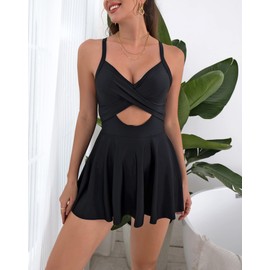 B2prity Women Cutout One Piece Skirt Swimsuit V Neck Wrap Tie Back Swimdress Tummy Control Bathing Suit(Black)