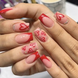 24Pcs Valentine’s Day Press on Nails Medium Thick Fake Nails with Rhinestone Valentine’s Day False Nails with Heart Design Red French Tip Nails Press ons Holiday Glue on Nails Stick on Nails for Women