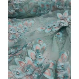 Divas Textiles Aqua Mint Beaded Lace 3d Floral Rhinestones Fabric By The Yard Bridal Prom Gown