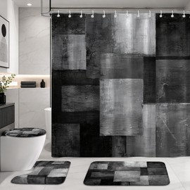 4Pcs Abstract Black Grey Shower Curtain Set, Beige Brown Grey Modern Bathroom Shower Curtain with Rugs and Accessories, with Non-Slip Rugs, Toilet Lid Cover and Bath Mat for Bathroom Decor Set