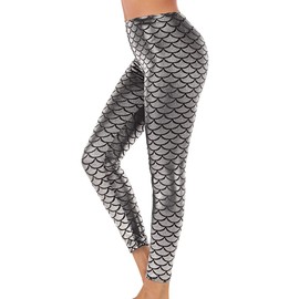 Alaroo Women Metallic Mermaid Print Scale Leggings Party Costume Silver L