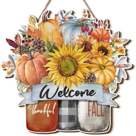 Fall Door Decor Fall Welcome Wooden Sign Pumpkin Sunflower Sign for Front Door Farmhouse Autumn Buffalo Plaid Porch Decor for Thanksgiving Outdoor Home Decorations