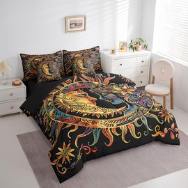Feelyou Sun and Moon Comforter Set Queen Size 7 Pieces Comforters Bohemian Occult Bedding Set Cosmic Planets Sun Face Bed Set Bed in a Bag with Comforter, Sheets, Pillowcases & Cushion Covers