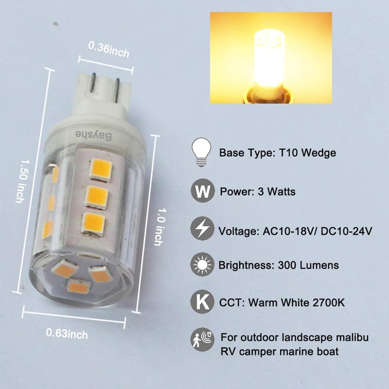 BAYSHE T10 Wedge Base LED Light Bulb 3watt Equivalent to