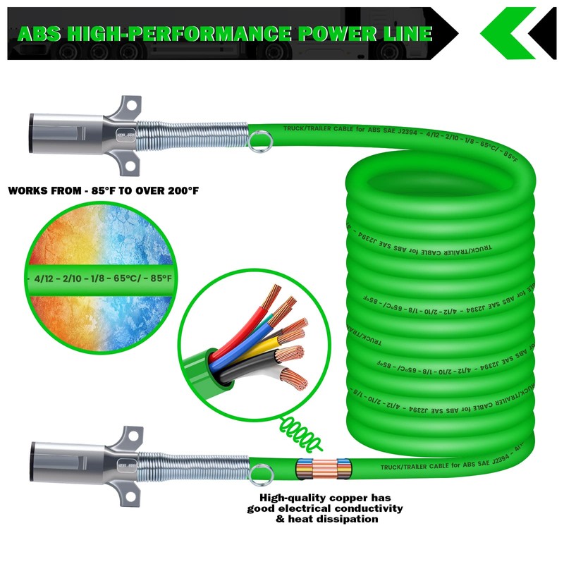 CheeMuii 7 Way Coiled Trailer Cord 12 FT Green ABS