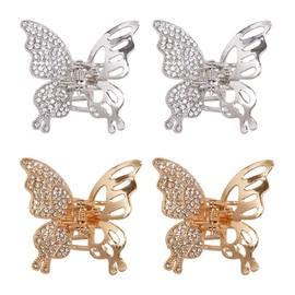 4PCS Liquid Butterfly Hair Clips - Gold Rhinestone Crystal Claw Clips for Women, Vintage Metal Jaw Clips with Sparkling Diamonds, Fancy Barrettes for Thick/Thin Hair (Rose Gold & Silver Styles)